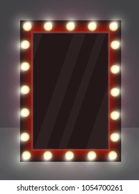 Vector illustration of realistic mirror for makeup with lighting lamps.