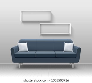 Vector illustration of realistic modern living-room interior with dark blue sofa, white pillows on it and rectangle shelves isolated on wall background, frontal view