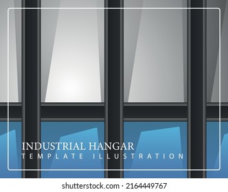 Vektorgrafik der realistischen modernen Hangar-Innenwand des Lagers. Modernes Template-Design mit Text und Architektur auf dem Hintergrund.