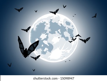 Vector illustration of realistic moon with bats in blue night sky