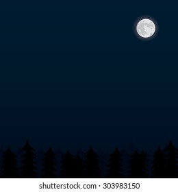 Vector illustration of realistic moon and night forest with trees silhouettes