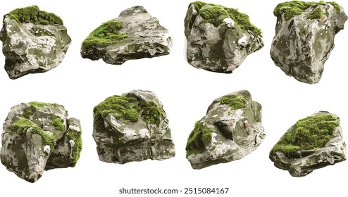 Ilustración vectorial de piedra musgosa realista, Naturaleza de forma de roca musgosa, elemento de diseño de entorno natural, textura de roca musgosa, representación 3D de fondo transparente PNG, diseño de roca musgosa de naturaleza realista