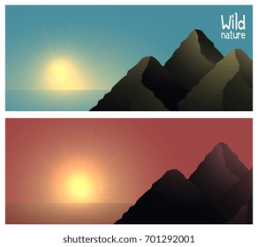 Vector illustration of realistic mountain landscape with sea and sun on blue sky background. Template design of mountains for recreation, sport, mountaineering and adventure web banner