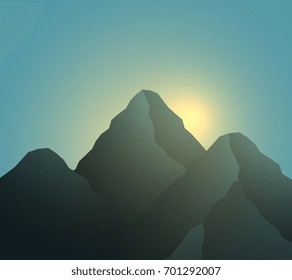 Vector illustration of realistic mountain with sun and flare on blue sky background. Natural landscape design of mountains for mountaineering and adventure web, site, poster