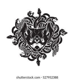 Vector illustration of realistic muzzle of bat with a bunch of snakes in hand drawn style. Artwork in dark fashion rocker and biker style. Template for card banner label poster and print for t-shirt.