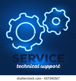 Vector illustration of realistic neon gears with wires and text service, technical support on dark blue background. Glowing neon light tube art style design for technical support theme