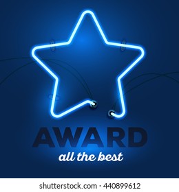 Vector illustration of realistic neon star with wires and text award all the best on dark blue background. Glowing neon light tube art style design for award theme