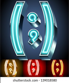 Vector illustration of realistic neon tube alphabet for light board. Gold and Silver and Red options. Symbols 2