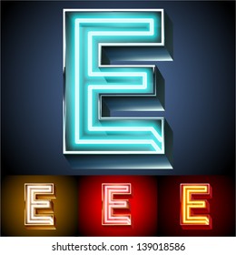 Vector illustration of realistic neon tube alphabet for light board. Gold and Silver and Red options. Letter E