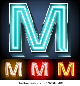 Vector illustration of realistic neon tube alphabet for light board. Gold and Silver and Red options. Letter M