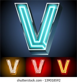 Vector illustration of realistic neon tube alphabet for light board. Gold and Silver and Red options. Letter V