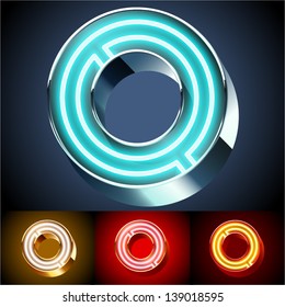 Vector illustration of realistic neon tube alphabet for light board. Gold and Silver and Red options. Letter O