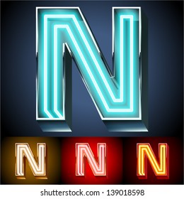 Vector illustration of realistic neon tube alphabet for light board. Gold and Silver and Red options. Letter N