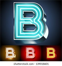 Vector illustration of realistic neon tube alphabet for light board. Gold and Silver and Red options. Letter B