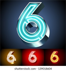 Vector illustration of realistic neon tube alphabet for light board. Gold and Silver and Red options. Letter 6