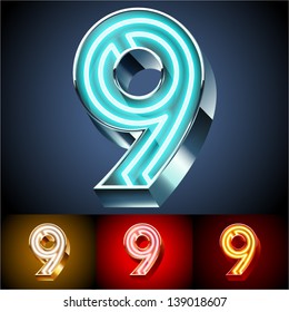 Vector illustration of realistic neon tube alphabet for light board. Gold and Silver and Red options. Letter 9