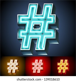 Vector illustration of realistic neon tube alphabet for light board. Gold and Silver and Red options.  Symbols 6