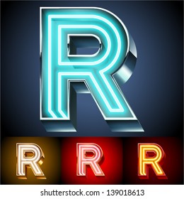 Vector illustration of realistic neon tube alphabet for light board. Gold and Silver and Red options. Letter R