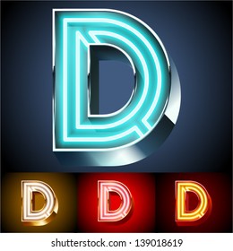 Vector illustration of realistic neon tube alphabet for light board. Gold and Silver and Red options. Letter D