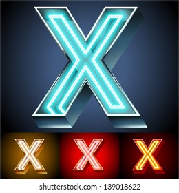 Vector Illustration Of Realistic Neon Tube Alphabet For Light Board. Gold And Silver And Red Options. Letter X