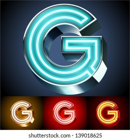 Vector illustration of realistic neon tube alphabet for light board. Gold and Silver and Red options. Letter G