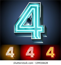 Vector illustration of realistic neon tube alphabet for light board. Gold and Silver and Red options. Letter 4