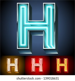 Vector illustration of realistic neon tube alphabet for light board. Gold and Silver and Red options. Letter H