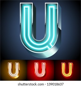 Vector illustration of realistic neon tube alphabet for light board. Gold and Silver and Red options. Letter U