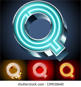 Vector illustration of realistic neon tube alphabet for light board. Gold and Silver and Red options. Letter Q