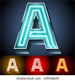 Vector illustration of realistic neon tube alphabet for light board. Gold and Silver and Red options. Letter A