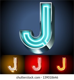 Vector illustration of realistic neon tube alphabet for light board. Gold and Silver and Red options. Letter J