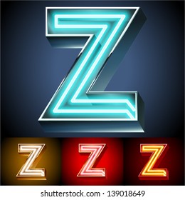 Vector illustration of realistic neon tube alphabet for light board. Gold and Silver and Red options. Letter Z