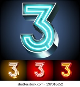 Vector illustration of realistic neon tube alphabet for light board. Gold and Silver and Red options. Letter 3