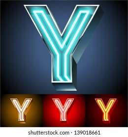 Vector illustration of realistic neon tube alphabet for light board. Gold and Silver and Red options. Letter Y