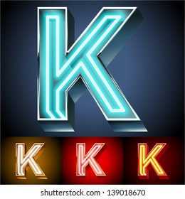 Vector illustration of realistic neon tube alphabet for light board. Gold and Silver and Red options. Letter K