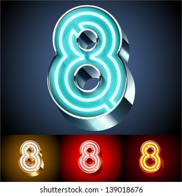 Vector illustration of realistic neon tube alphabet for light board. Gold and Silver and Red options. Letter 8