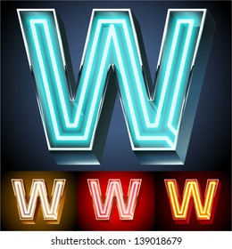 Vector illustration of realistic neon tube alphabet for light board. Gold and Silver and Red options. Letter W