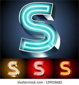 Vector illustration of realistic neon tube alphabet for light board. Gold and Silver and Red options. Letter S