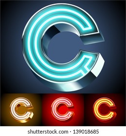 Vector illustration of realistic neon tube alphabet for light board. Gold and Silver and Red options. Letter C