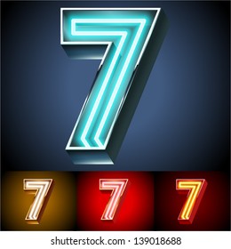 Vector illustration of realistic neon tube alphabet for light board. Gold and Silver and Red options. Letter 7