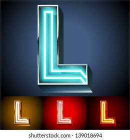 Vector illustration of realistic neon tube alphabet for light board. Gold and Silver and Red options. Letter L