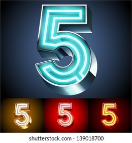 Vector illustration of realistic neon tube alphabet for light board. Gold and Silver and Red options. Letter 5