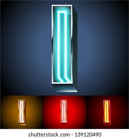 Vector illustration of realistic neon tube alphabet for light board. Gold and Silver and Red options. Letter I