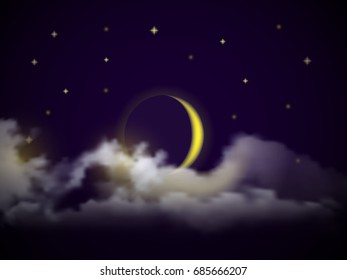 Vector illustration of realistic night sky with moon, stars and clouds.