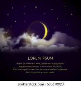 Vector illustration of realistic night sky with moon, stars and clouds.