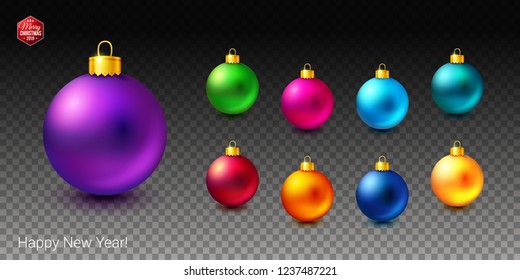 Vector illustration. Realistic objects. Set of shiny and bright colored Christmas balls on transparent background. Additional Happy New Year text  and red hexagonal Merry Christmas 2019 label. 