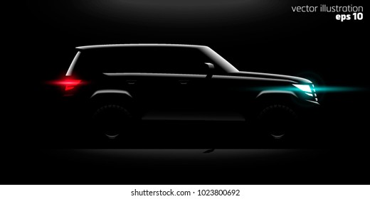 vector illustration Realistic Off-road car full-size SUV lit in the dark