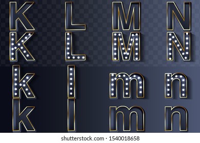 Vector illustration of realistic old alphabet lamp for easy whiteboard. Dark background and silver options. letters K-N