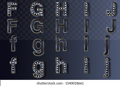 Vector illustration of realistic old alphabet lamp for easy whiteboard. Dark background and silver options. letters F-J