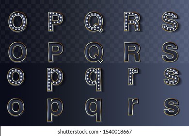 Vector illustration of realistic old alphabet lamp for easy whiteboard. Dark background and silver options. letters o-s.